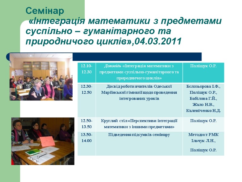 Семінар   «Інтеграція математики з предметами суспільно – гуманітарного та природничого циклів»,04.03.2011